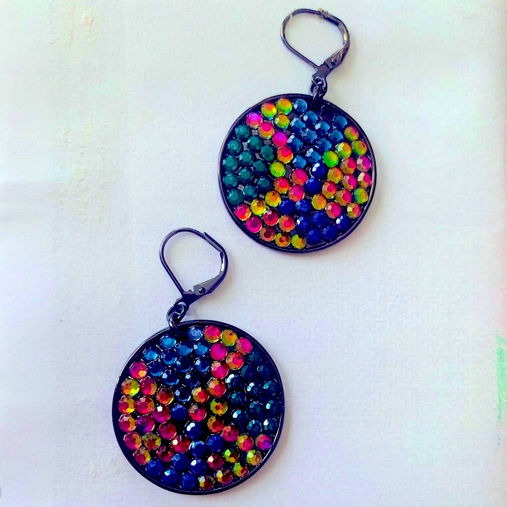 Multicolored Mosaic Neon Crystal Disc Drop Earrings